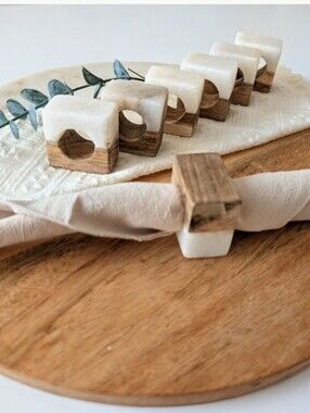 Set of 7 Marble and Wood Napkin Rings - White and Natural Wood